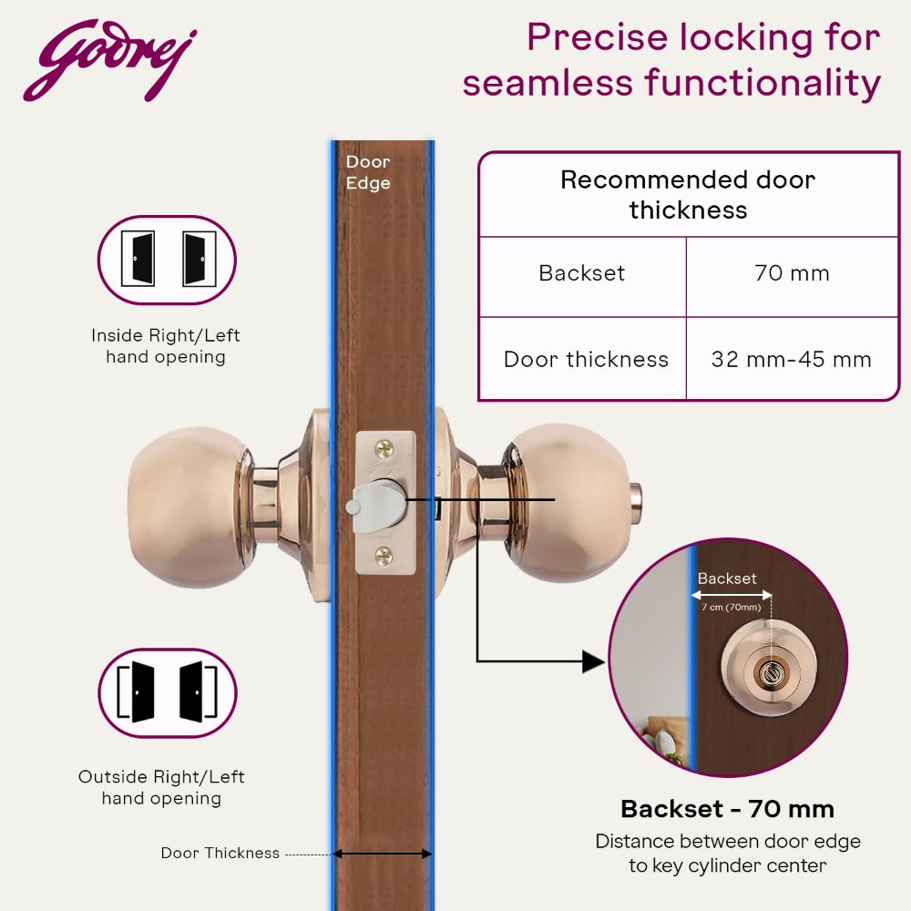 Godrej Cylindrical Lock| With 3 Keys I Suitable for Bedroom Doors &Inter-Connected Doors for Commercial Space | Backset 60mm | Door Thickness 32mm to 45mm | Rose Gold Finish | 5 years warranty